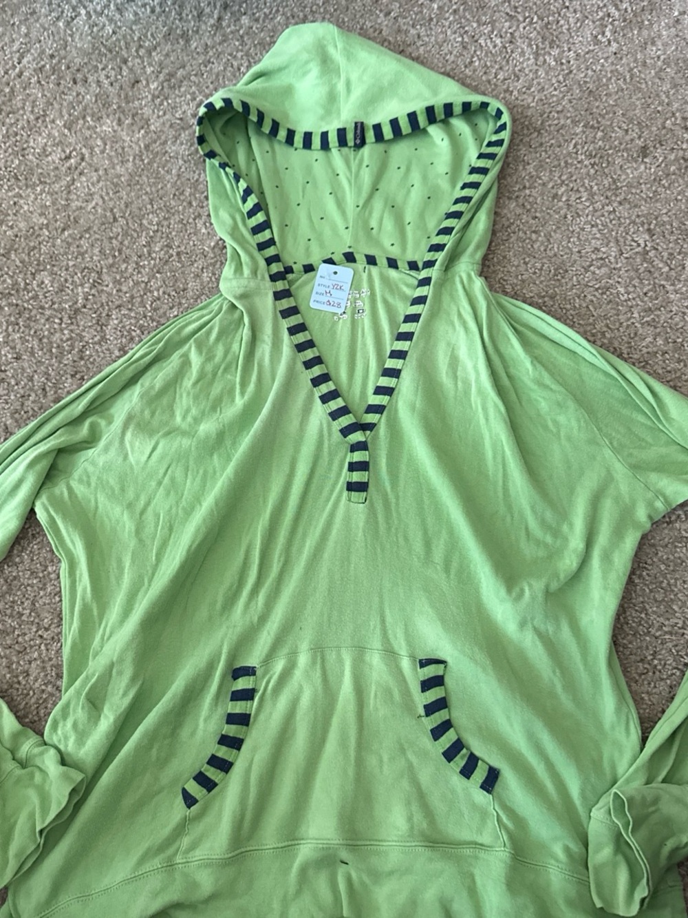 Columbia Light Green Hooded Pullover with Navy Stripe Trim